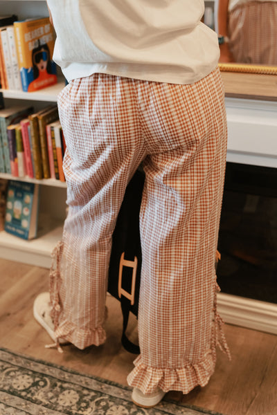 Mauve Gingham Side Slit Ruffle Hem Pants IP300101-01