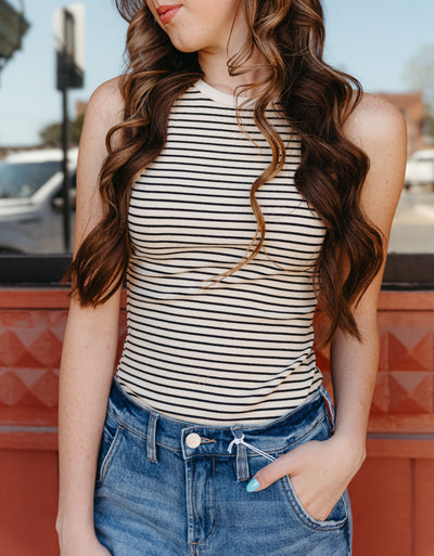 Cream-Black Stripe Sleeveless Bodysuit MT9737-12