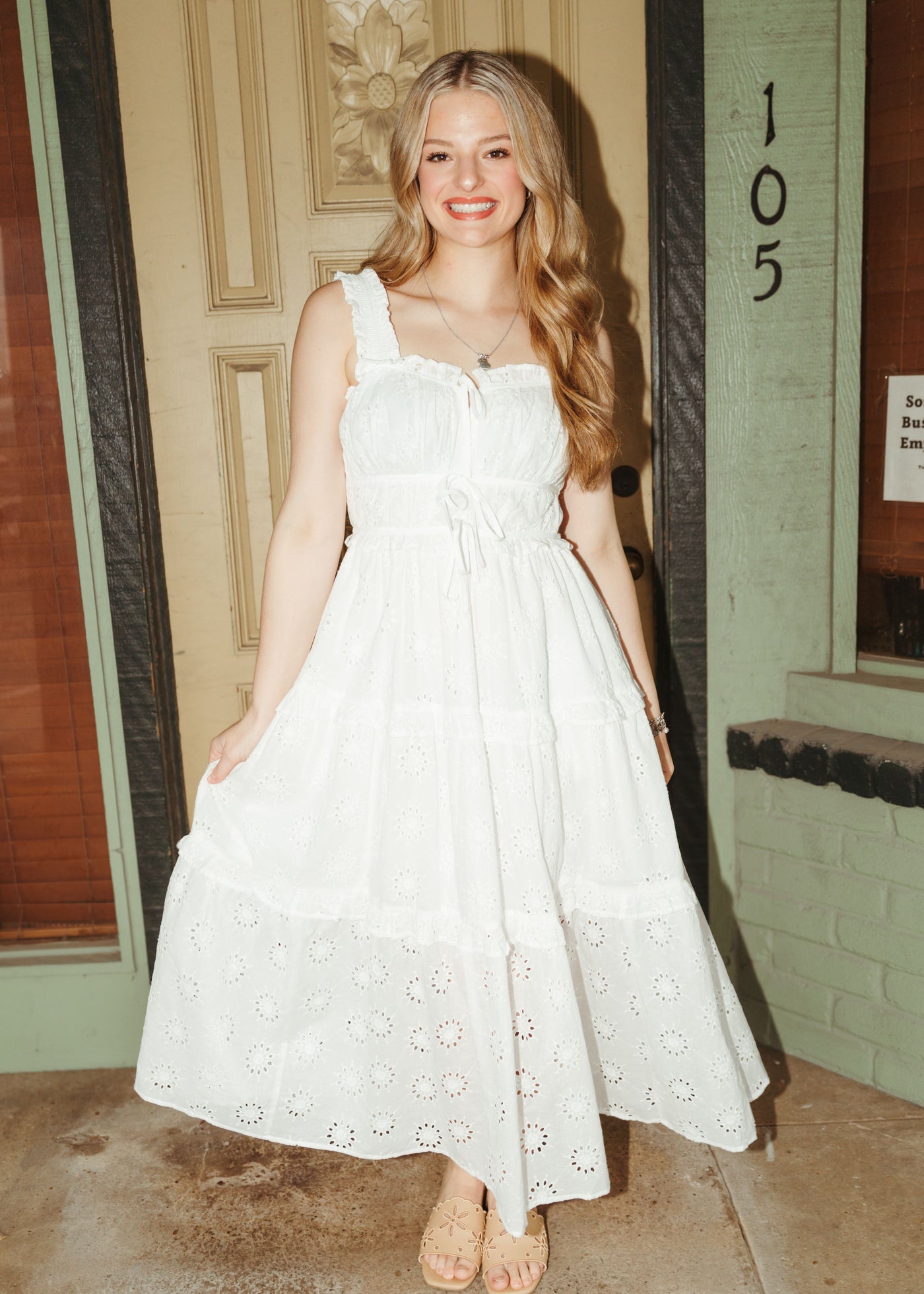 Off White Eyelet Lace Tiered Midi Dress D24980