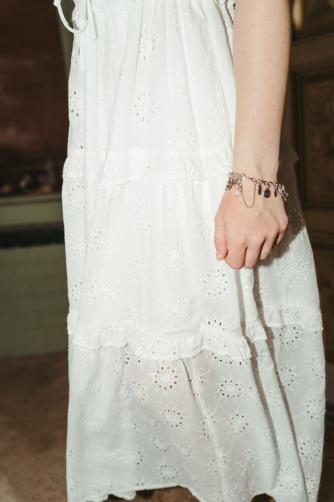 Off White Eyelet Lace Tiered Midi Dress D24980
