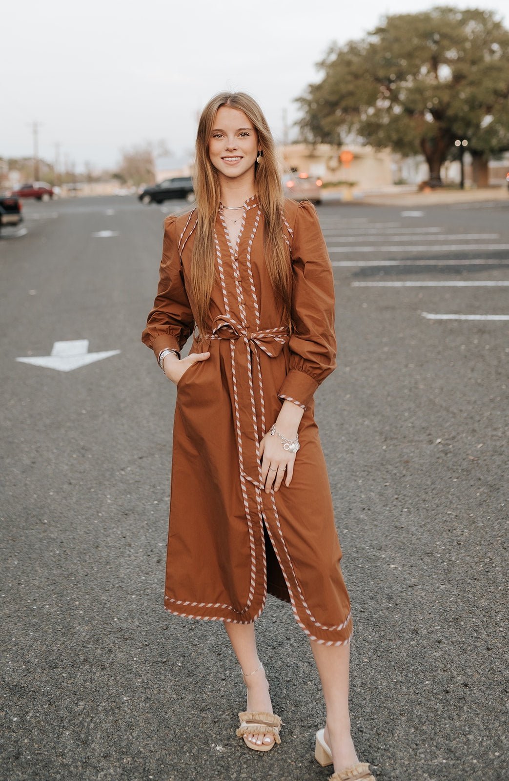 Amber Striped Detail Midi Dress with Belt MDR4471 - Southern Soule Designs