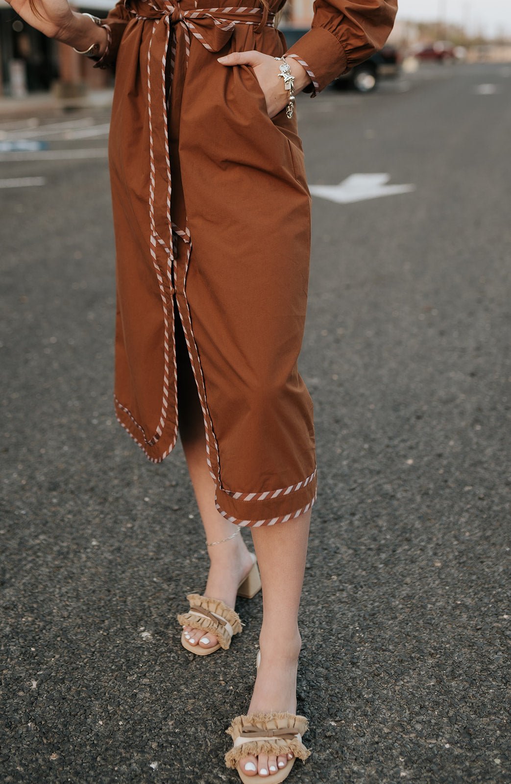 Amber Striped Detail Midi Dress with Belt MDR4471 - Southern Soule Designs