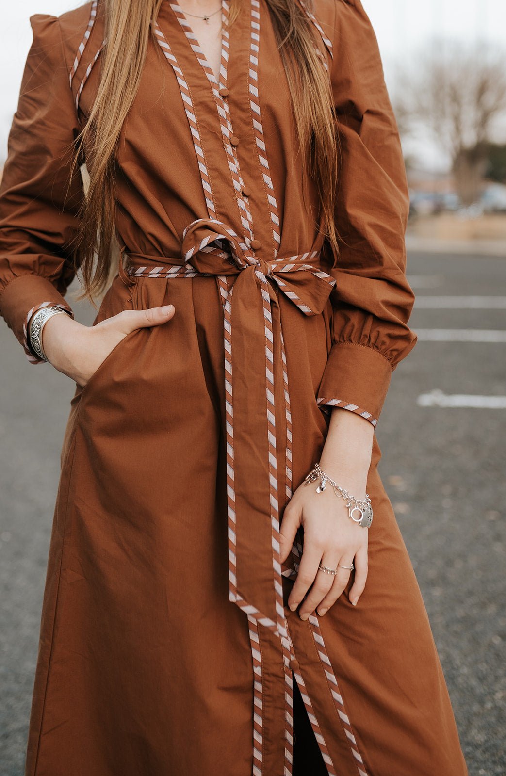 Amber Striped Detail Midi Dress with Belt MDR4471 - Southern Soule Designs