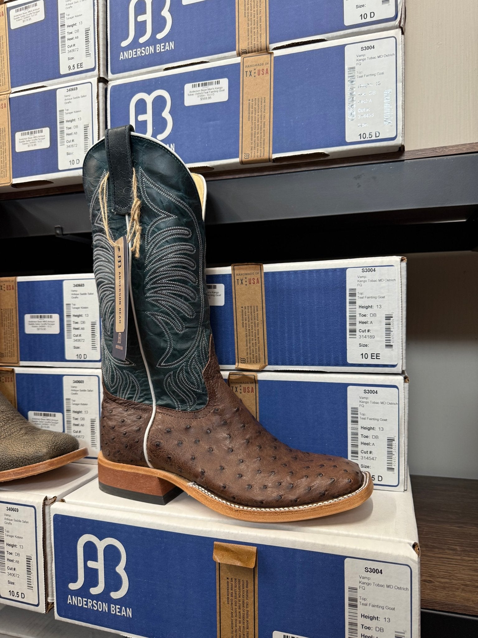 Anderson Bean Men's Kango Tobac Ostrich/Teal Fainting Goat S3004 - Southern Soule Designs