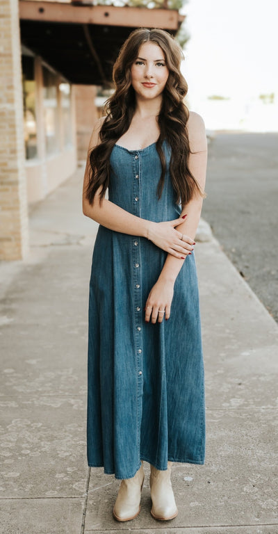 Angel Eyes Denim Midi Dress Medium Indigo ZD253467 - Southern Soule Designs