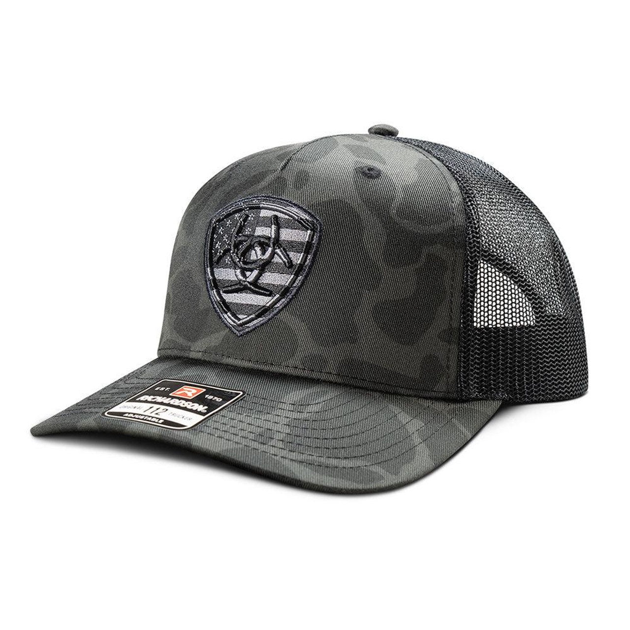 Ariat Men's Snap Back Embroidered Shield Camo Black Grey Cap A300092866 - Southern Soule Designs