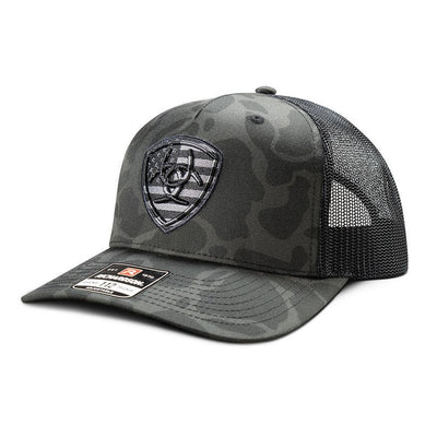 Ariat Men's Snap Back Embroidered Shield Camo Black Grey Cap A300092866 - Southern Soule Designs