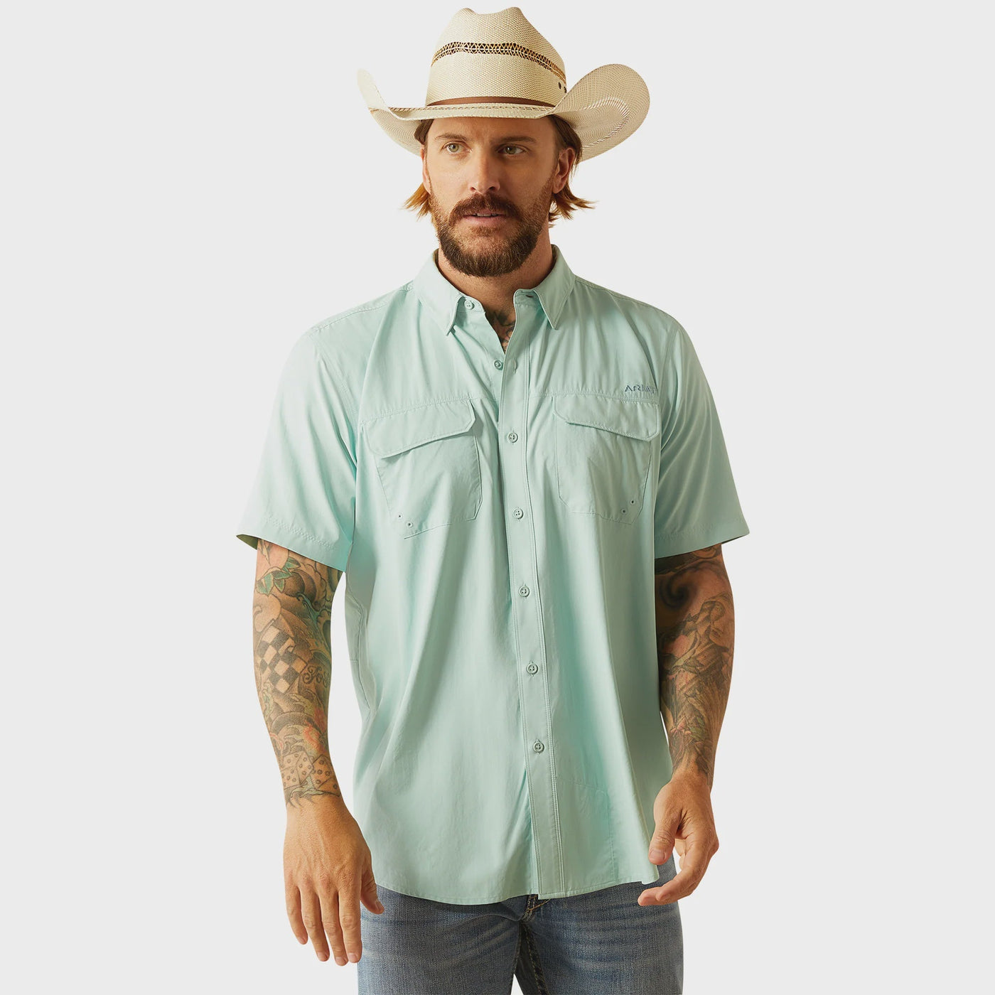 Ariat Men's VentTek Outbound Fitted Short Sleeve Shirt Eggshell Blue 10055230 - Southern Soule Designs