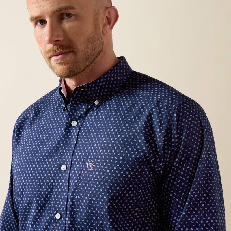 Ariat Men's Wrinkle Free Wes Classic Fit Long Sleeve Shirt Maritime Blue Geo Print 10079355 - Southern Soule Designs