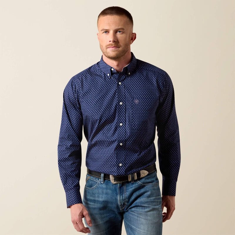 Ariat Men's Wrinkle Free Wes Classic Fit Long Sleeve Shirt Maritime Blue Geo Print 10079355 - Southern Soule Designs