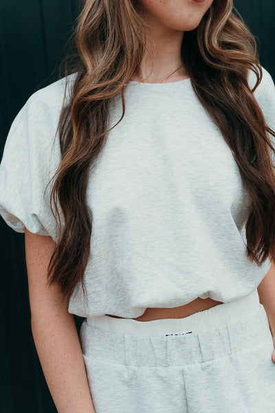 Ash Grey Bubble Hem And Sleeve Crop Top T2304A - Southern Soule Designs
