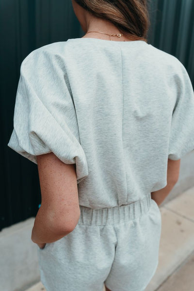 Ash Grey Bubble Hem And Sleeve Crop Top T2304A - Southern Soule Designs