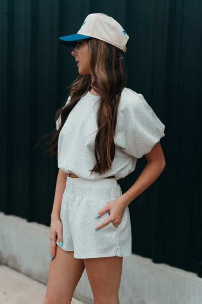 Ash Grey Bubble Hem And Sleeve Crop Top T2304A - Southern Soule Designs