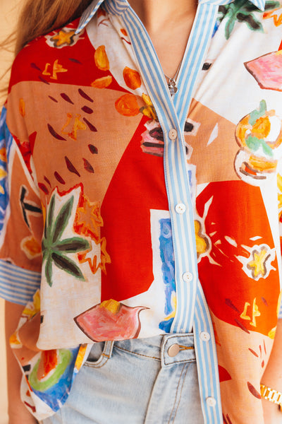 Colorful Printed Blouse with Blue/White Stripe Detail T25434