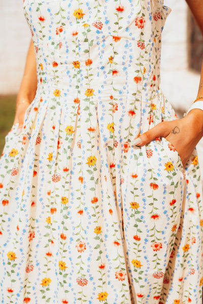 Butter Yellow Floral Sleeveless Midi Dress D-10517-H