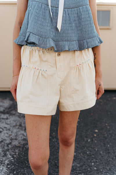 Ivory High Rise Tiered Denim Shorts with Embroidery IP47377-01