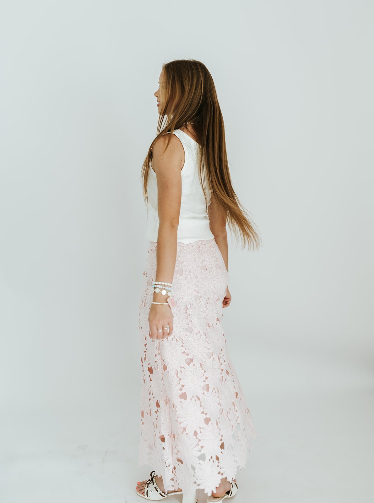 Baby Pink Floral Lace Scalloped Midi Skirt CS3985 - Southern Soule Designs