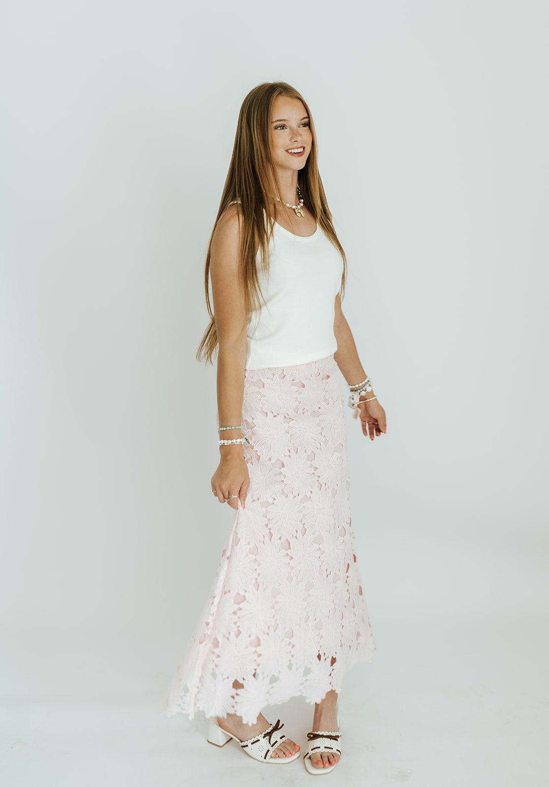 Baby Pink Floral Lace Scalloped Midi Skirt CS3985 - Southern Soule Designs