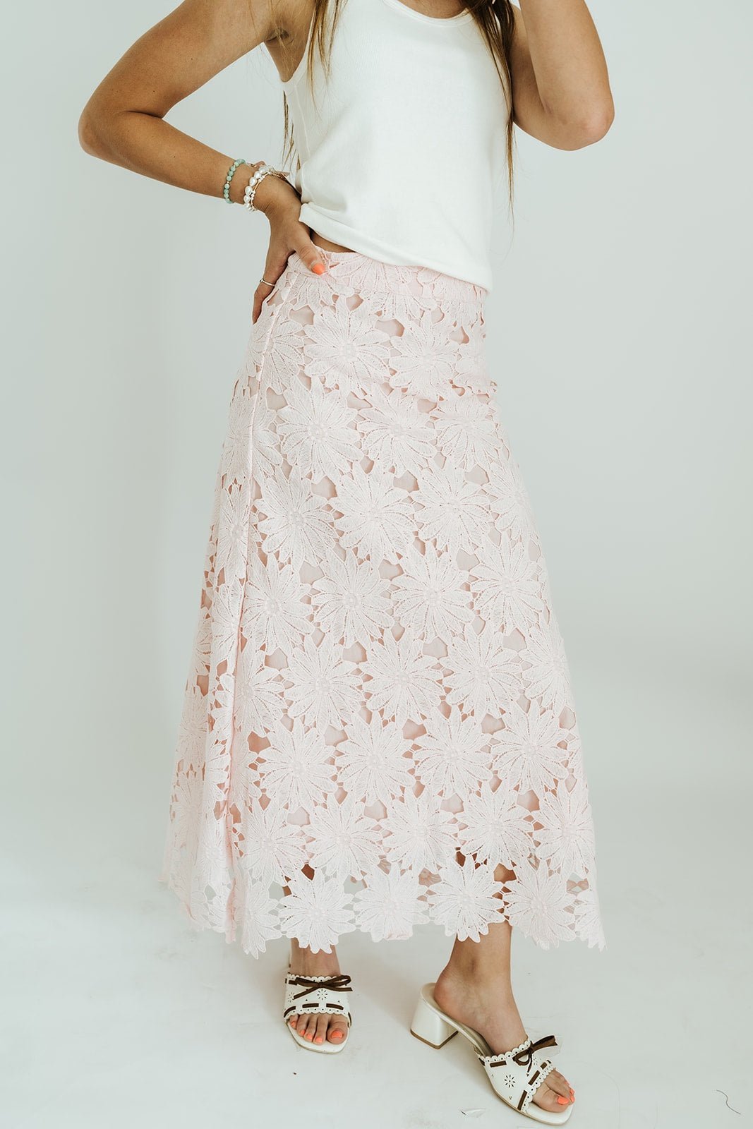 Baby Pink Floral Lace Scalloped Midi Skirt CS3985 - Southern Soule Designs