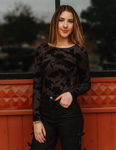 Baela Shadow Floral Bodysuit Black ZT244286 - Southern Soule Designs