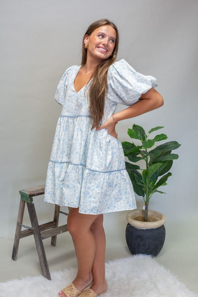 BD5592 Dusty Blue Floral Dress - Southern Soule Designs