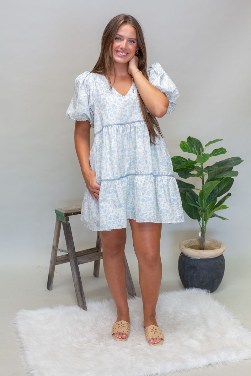 BD5592 Dusty Blue Floral Dress - Southern Soule Designs