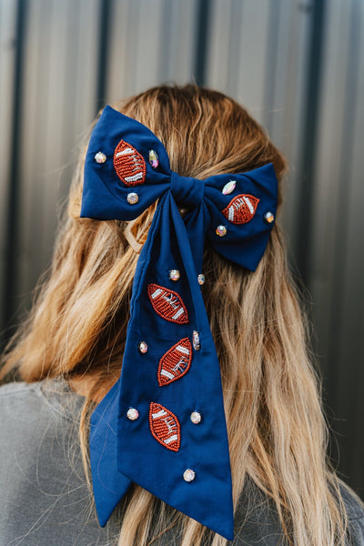 Beaded Football Embroidered Hair Clip - Navy - Southern Soule Designs