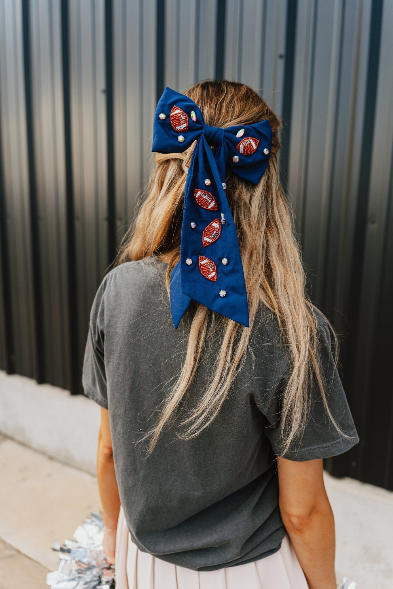 Beaded Football Embroidered Hair Clip - Navy - Southern Soule Designs