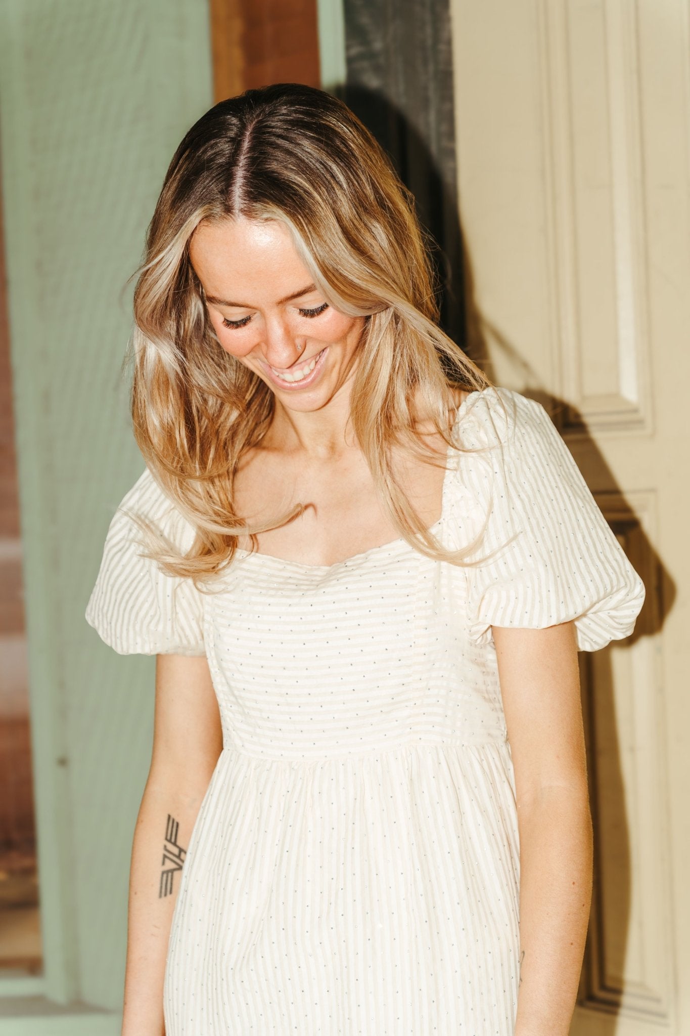 Beige Pinstriped Rhinestone Detail Bubble Sleeves Dress CD04942 - Southern Soule Designs