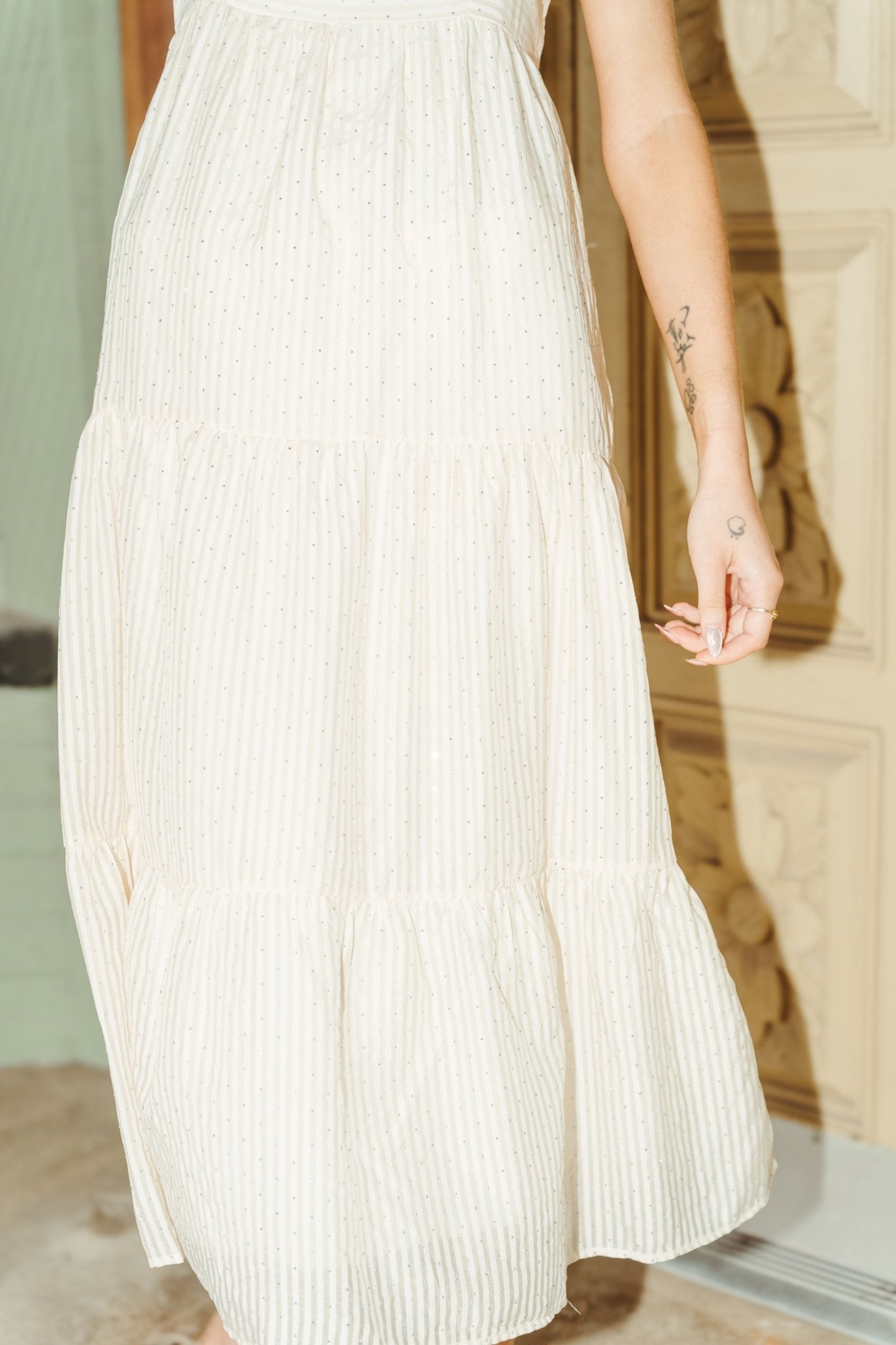 Beige Pinstriped Rhinestone Detail Bubble Sleeves Dress CD04942 - Southern Soule Designs