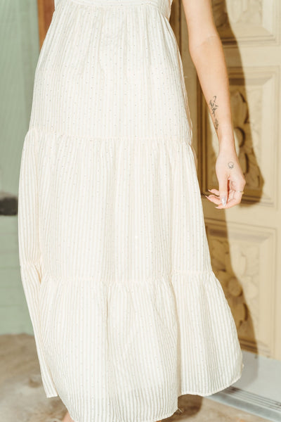 Beige Pinstriped Rhinestone Detail Bubble Sleeves Dress CD04942 - Southern Soule Designs