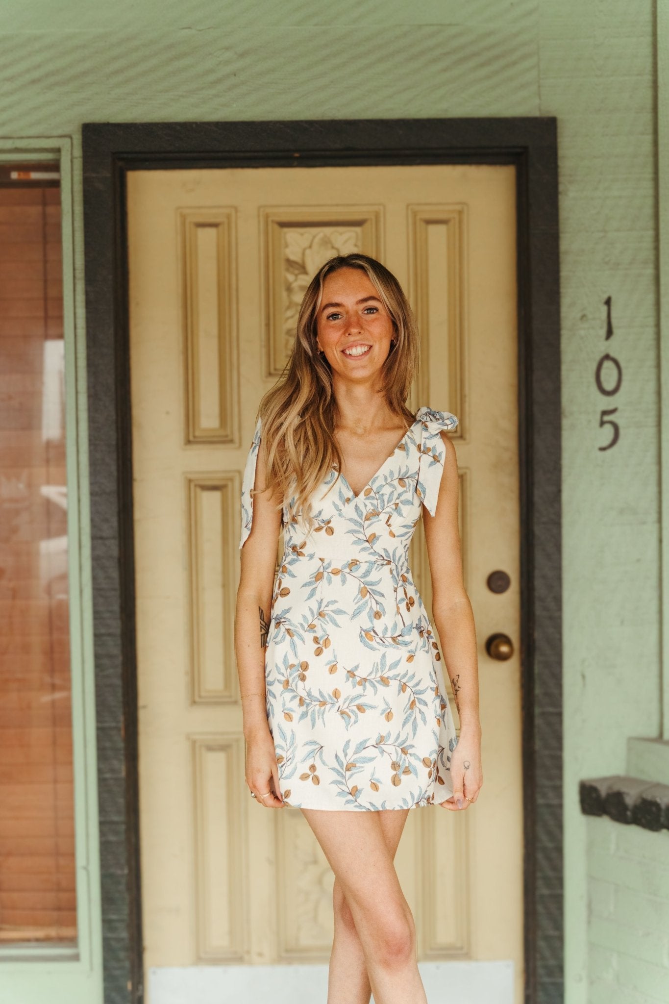 Beige Tied Shoulder Strap Embroidered Mini Dress ST5168D - Southern Soule Designs