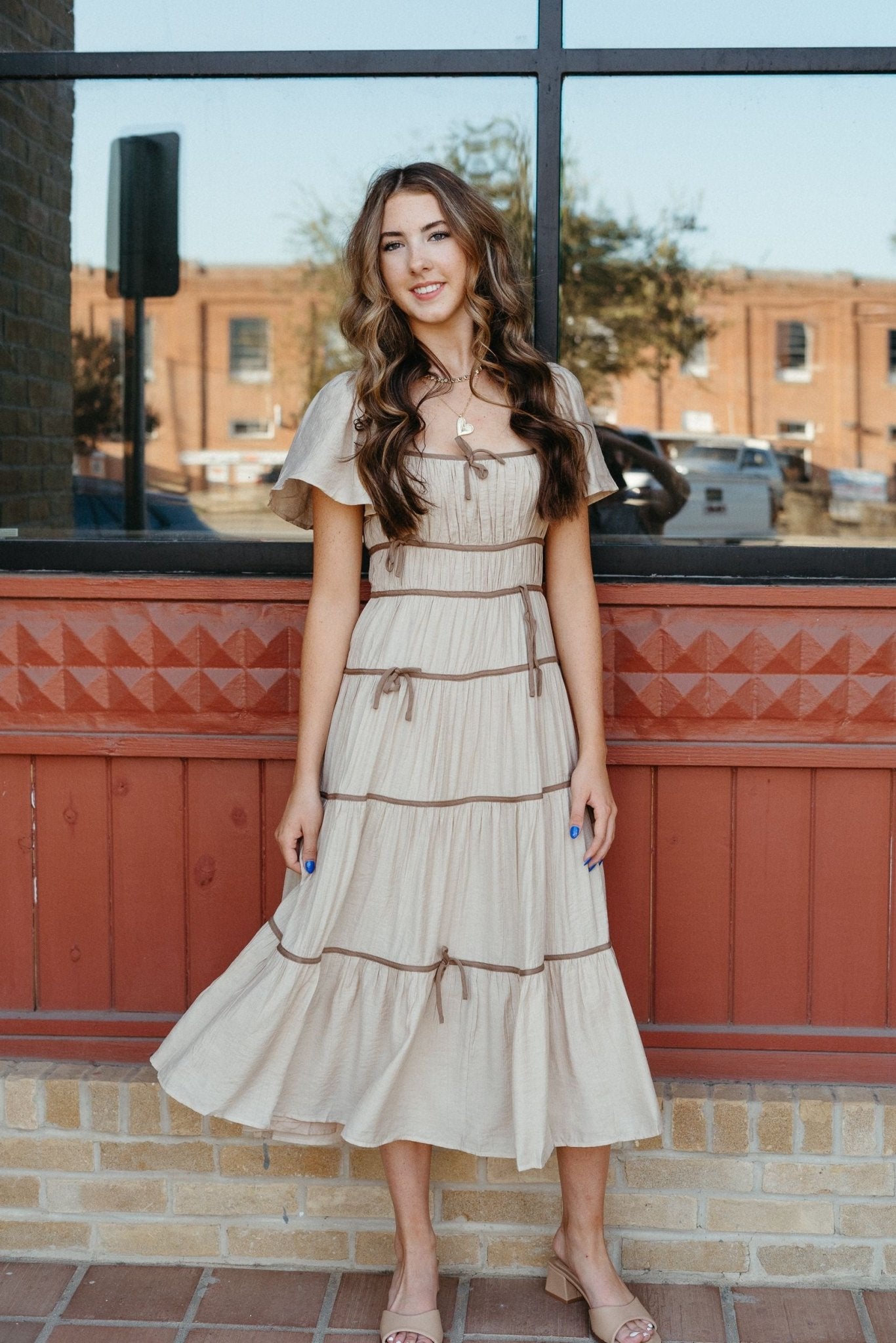 Beige/Brown Tiered Midi Dress JD6168B - Southern Soule Designs