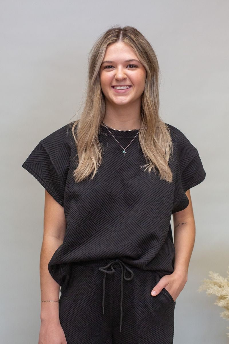 Black Athleisure Woven SS Top - Southern Soule Designs