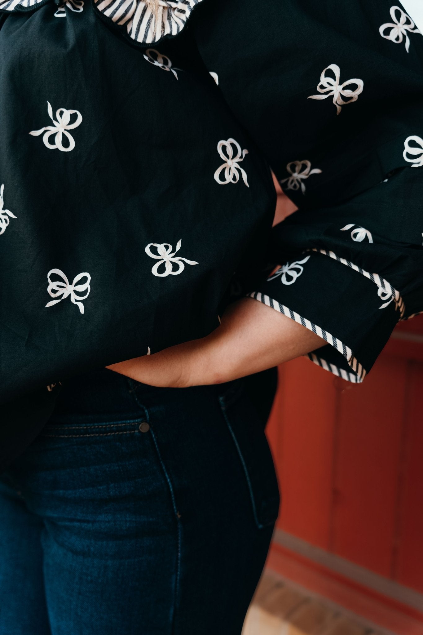 Black Bow Print 3/4 Sleeve Top w/Scallop Trim T24691 - Southern Soule Designs