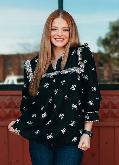 Black Bow Print 3/4 Sleeve Top w/Scallop Trim T24691 - Southern Soule Designs
