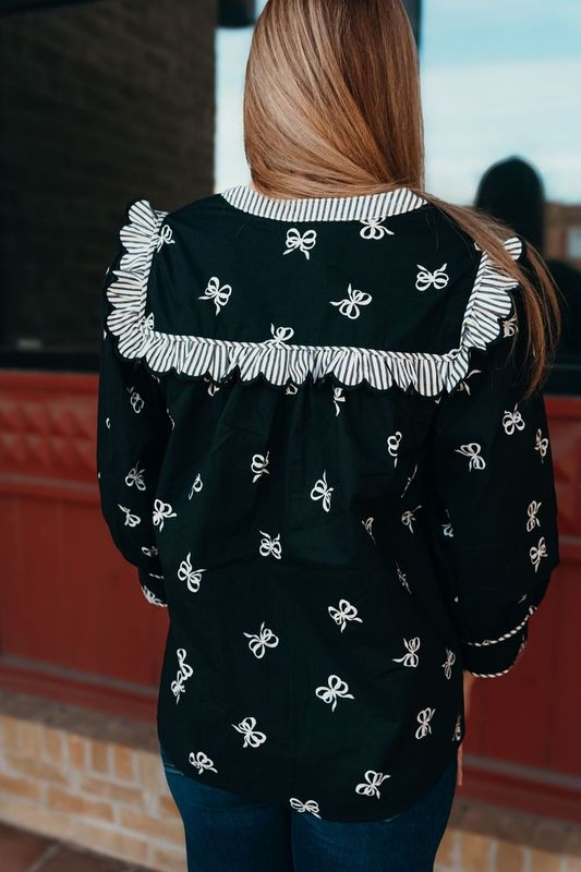 Black Bow Print 3/4 Sleeve Top w/Scallop Trim T24691 - Southern Soule Designs