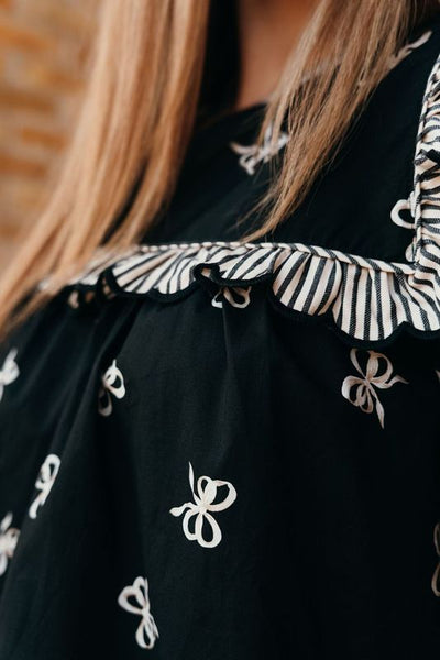 Black Bow Print 3/4 Sleeve Top w/Scallop Trim T24691 - Southern Soule Designs