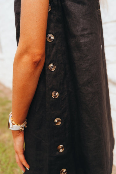 Black Button Detail Linen Dress D4619 - Southern Soule Designs
