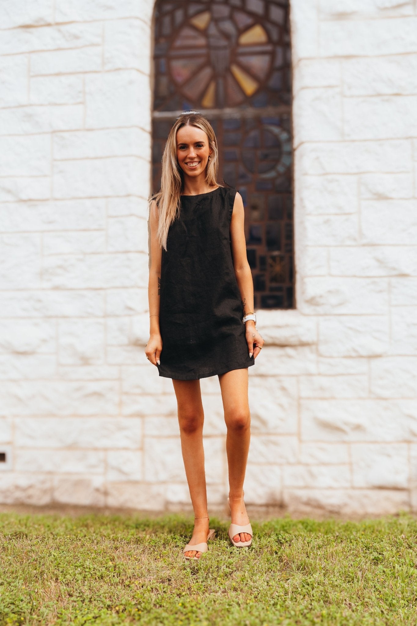 Black Button Detail Linen Dress D4619 - Southern Soule Designs