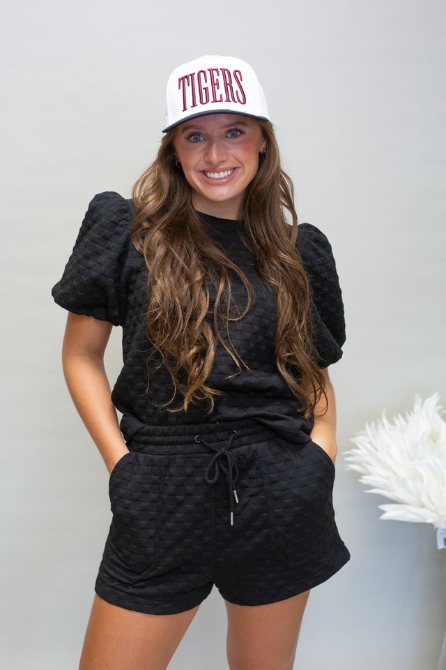 Black Checkered Puff Slv Top - Southern Soule Designs