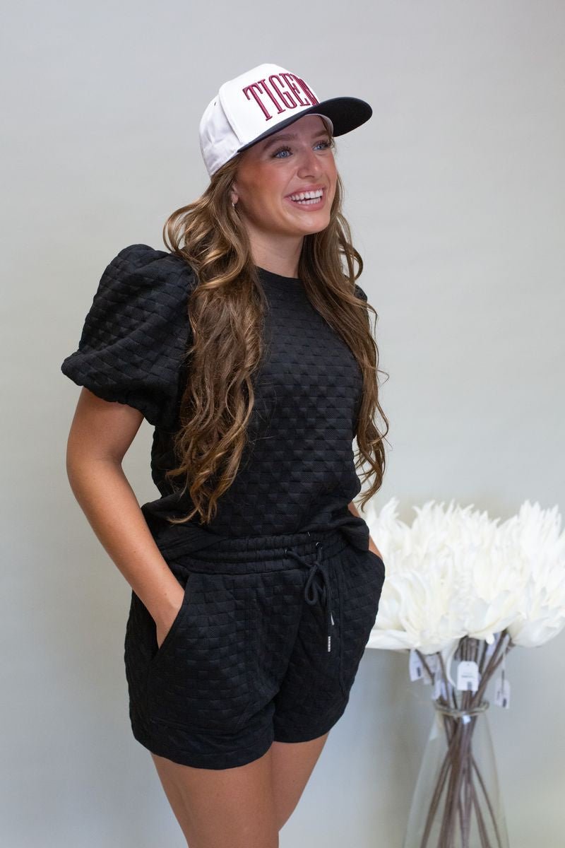 Black Checkered Puff Slv Top - Southern Soule Designs