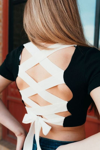 Black - Cream Criss Cross Back Knit Top MWT4485 - 2 - Southern Soule Designs