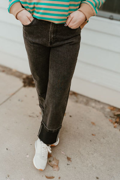 Black Denim Cuffed Pants P3964 - Southern Soule Designs