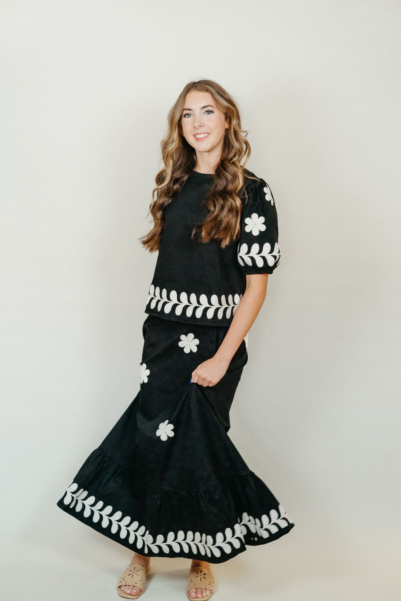 Black Embroidered Ruffled Midi Skirt S - 8339 - JK - Southern Soule Designs