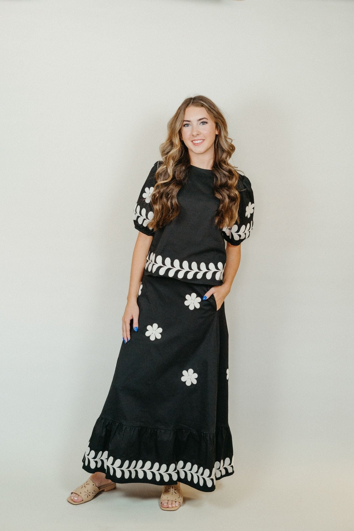 Black Embroidered Ruffled Midi Skirt S - 8339 - JK - Southern Soule Designs