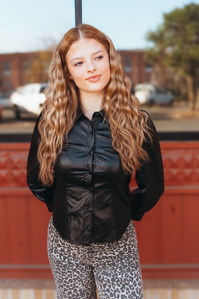 Black Faux Leather Button Up Shirt w/Puff Sleeves CT8456 - Southern Soule Designs