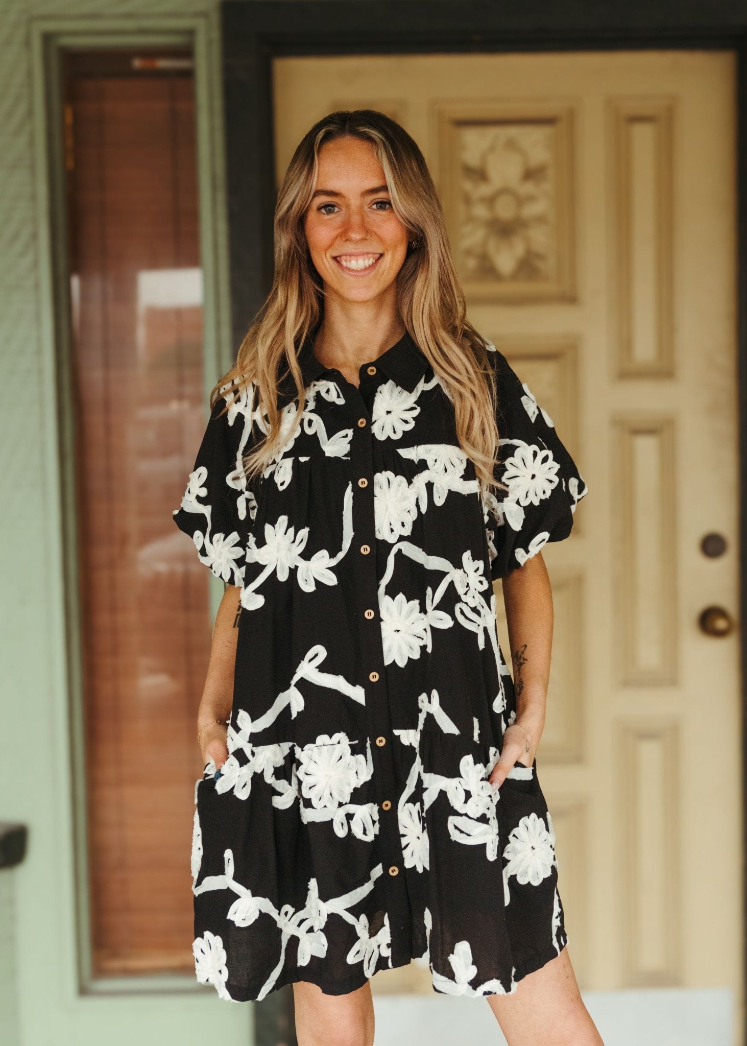 Black Floral Button Down Mini Dress D25359 - Southern Soule Designs