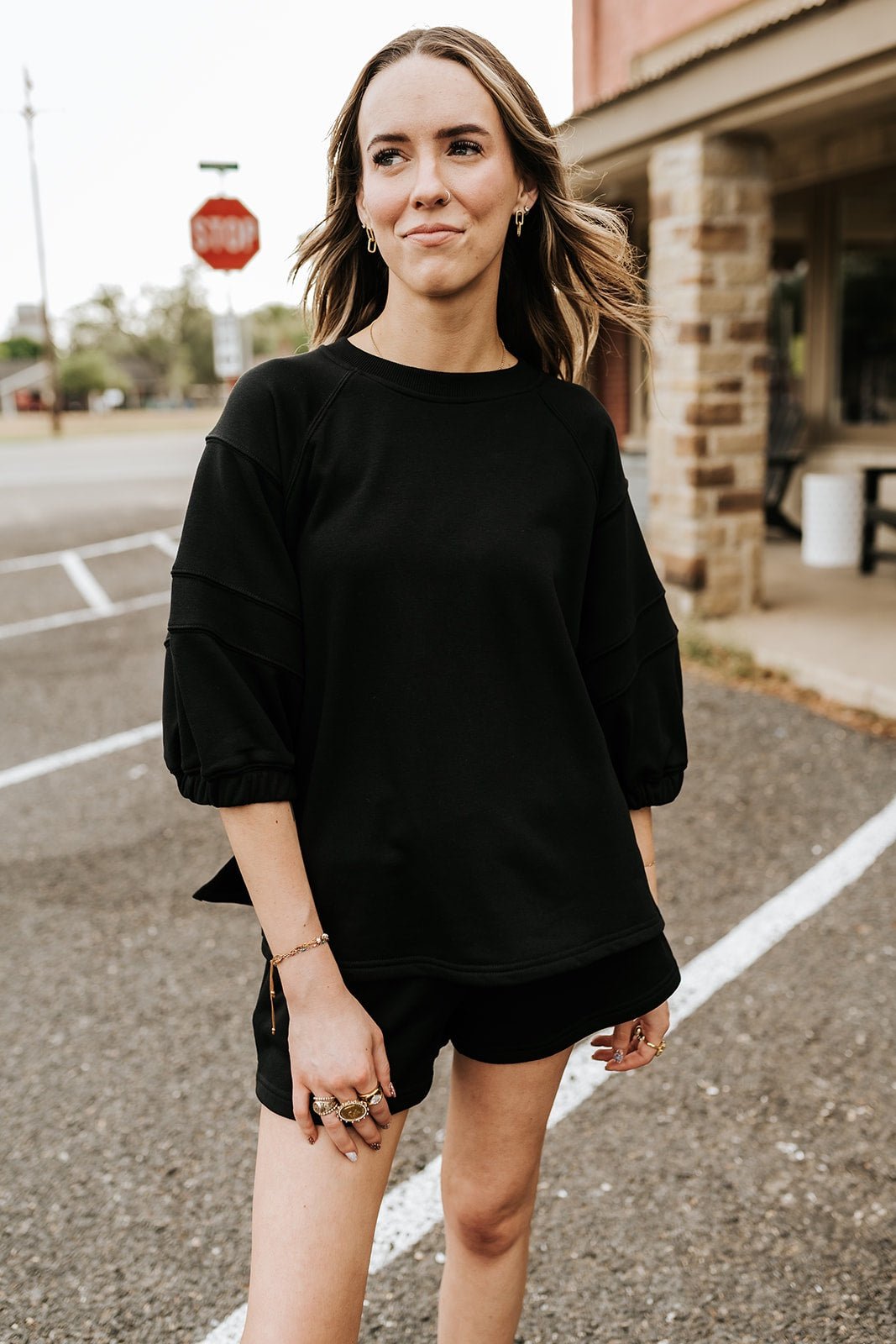 Black French Terry Bubbled Half Sleeve Top T0111 - Southern Soule Designs
