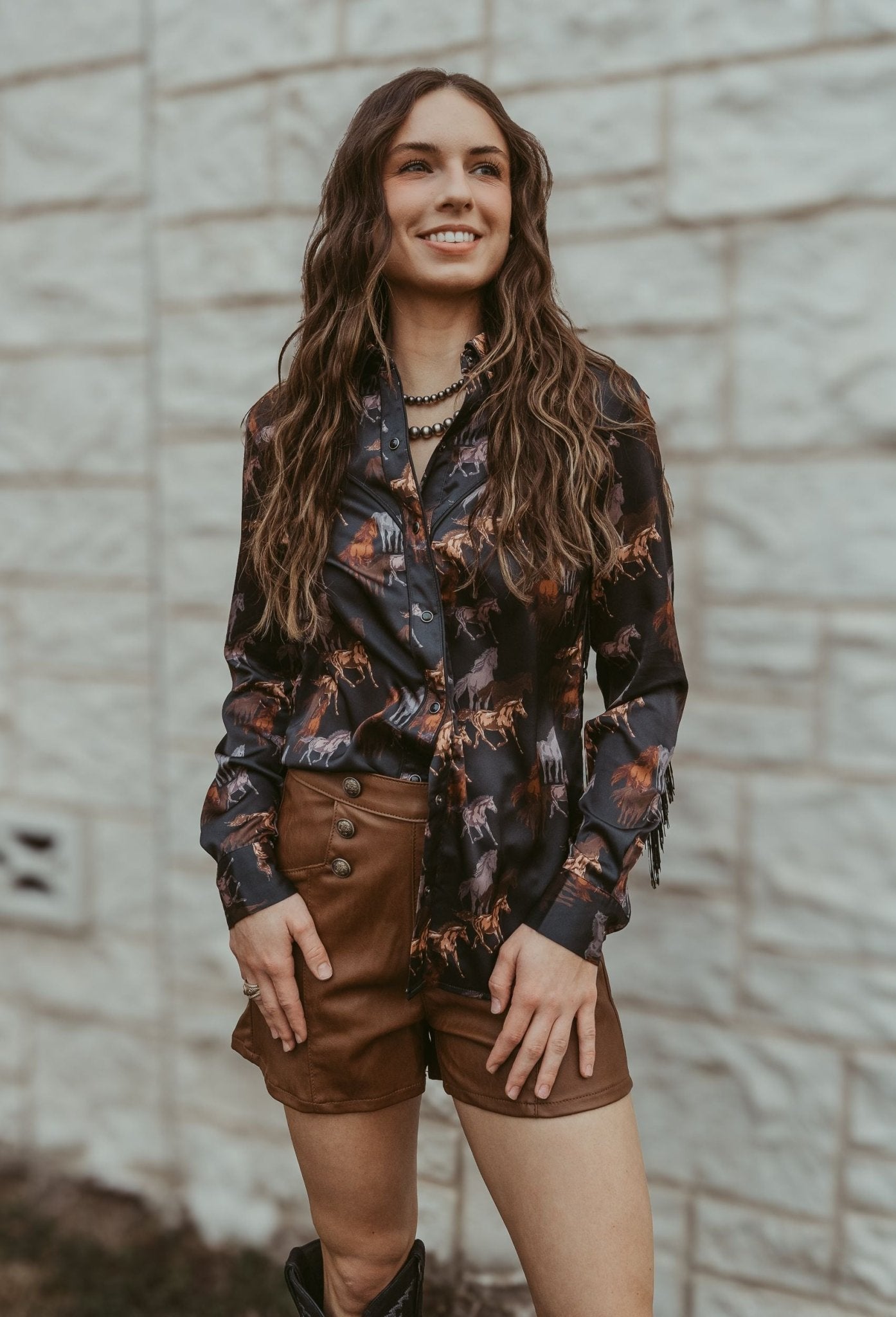 Black Horse Print Satin Snap BWN2S05430 - Southern Soule Designs